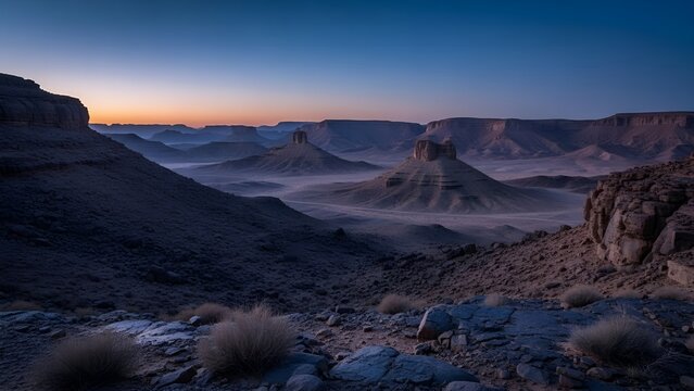 Hoggar National Park desert landscape with rock formations in Algeria at twilight