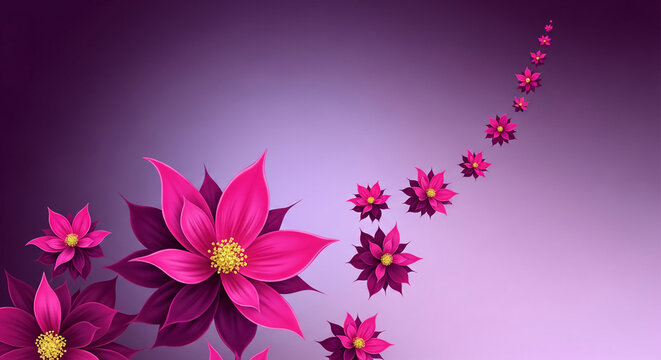 Illustration of several pink flower with purple outline, against gradient purple background, symbolizing elegance and natural growth, suitable for festive banner - Powered by Adobe