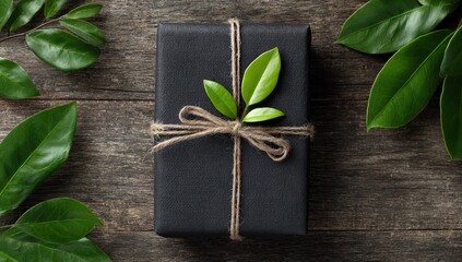 Black gift with twine, green sprig on rustic wood