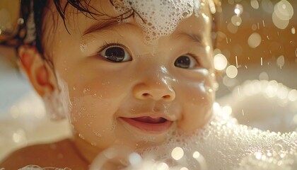 Joyful Bubbles: A smiling baby immersed in a bubbly bath, evoking feelings of purity, innocence, and delight.