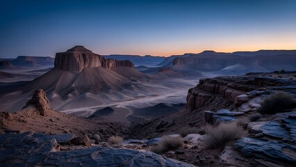 Hoggar National Park desert landscape with rock formations in Algeria at twilight