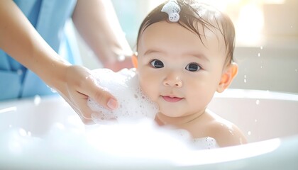 Gentle Bath Time: A tender moment as a gentle hand cradles a precious baby, surrounded by soft bubbles in a warm bath. Capturing the innocence of infancy and the nurturing care.
