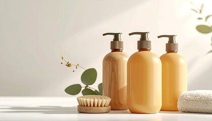Spa Essentials: An array of luxurious body care products is artfully arranged against a backdrop. Including wooden dispenser bottles, a natural brush, and a soft, fluffy towel.