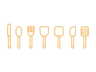 黄色の調理器具（包丁、お玉、ヘラ）のアイコンの線画イラストのセット