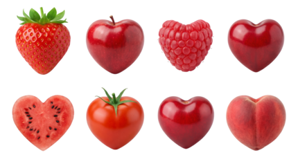 Heart shaped fruit set including strawberry apple raspberry cherry watermelon tomato and peach isolated. Healthy food and romantic diet collection.