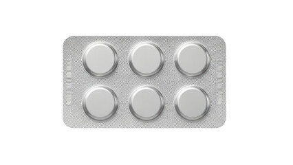 Pharmaceutical blister pack with six round silver compartments offers a clear representation of medication packaging for health and wellness promotions or medical industry visuals