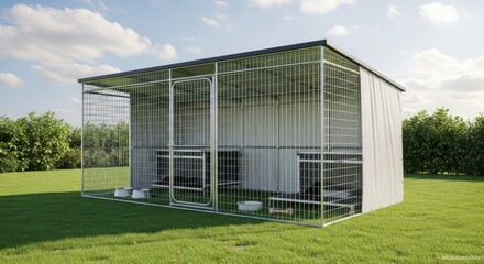 Fototapeta premium Large metal outdoor kennel structure provides secure shelter for domestic animals on a sunny day