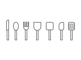 調理器具（包丁、お玉、ヘラ）のアイコンの線画イラストのセット