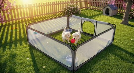 Two playful young canines enjoy playtime inside a portable enclosure situated on bright green lawn during a sunny day