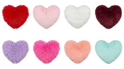 Heart shaped pillow set including plush faux fur cushions in red, pink, white, purple, and mint colors isolated. Romantic home decor and gift collection.
