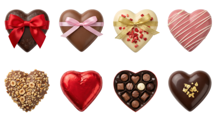Heart shaped chocolate set including dark, milk, white, nut encrusted, and gift box variants isolated. Valentine's Day and holiday confectionery collection.