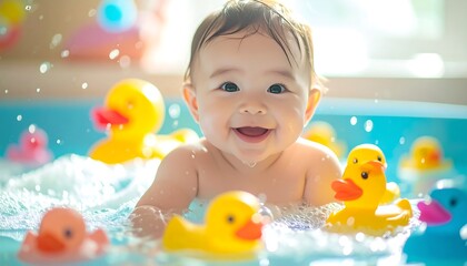 Joyful Baby in a Playful Bath: A cherubic baby beams with pure happiness as they splash and play in a pool filled with cheerful rubber ducks, embodying the simple pleasures of childhood.