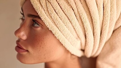 Close up of a stunning young woman with perfect skin, natural freckles, and captivating blue eyes wearing a beige towel on her head after a shower, posing for a beauty or skincare campaign