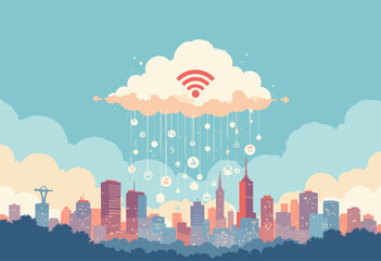 Obraz premium cloud raining wifi symbols down city Connectivity Minimalist flat