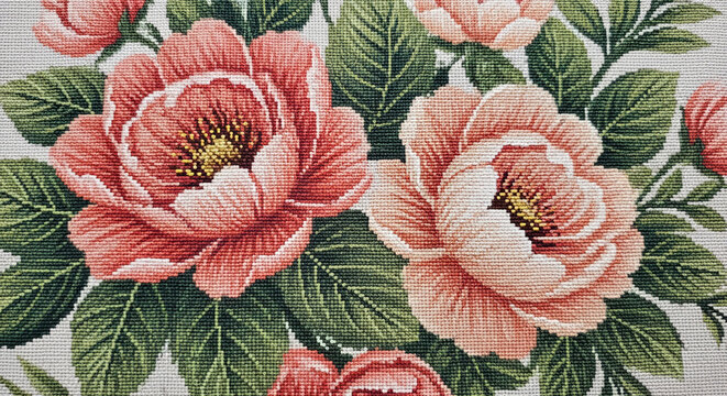 Close-up of floral needlepoint artwork with pink flower and green foliage, creating a textile pattern, representing traditional needlework skill