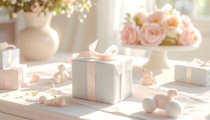 Gifts of Grace: Delicate pastel-colored gifts, adorned with ribbons, lie on a rustic table alongside elegant floral arrangements, creating a scene of understated elegance and joyful anticipation.