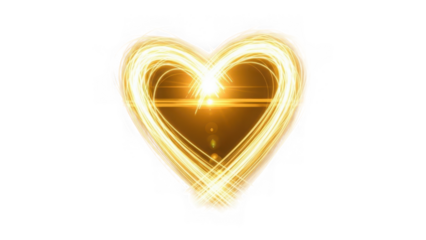 Radiant golden heart isolated on transparent background
