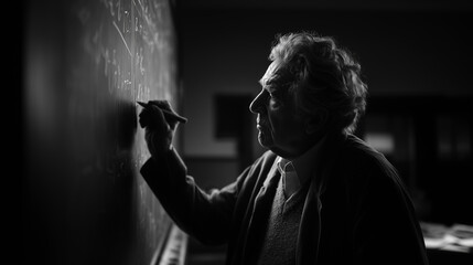 Lone scientist writing equations on chalkboard in classroom, side view