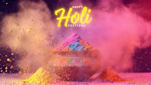 Vibrant Holi Festival Celebration with Colorful Powders Exploding from a Pot.