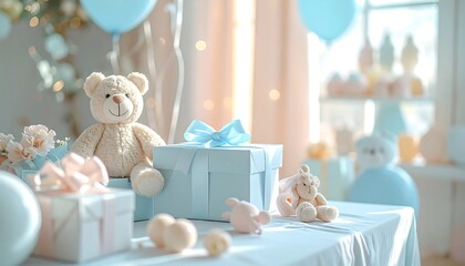 Joyful Baby Shower Setup: A beautifully adorned table is set for a baby shower, adorned with gift boxes, soft toys, and delicate decorations, creating a scene of anticipation and joy.