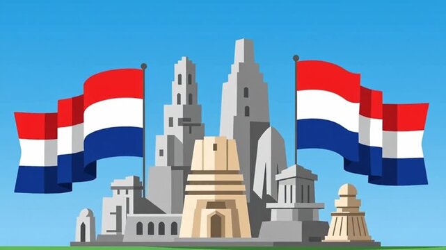 Dutch cultural heritage landmarks with national flags waving.
