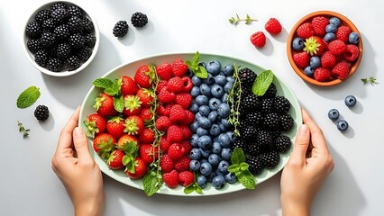 Variety of fresh berries on a plate held by hands