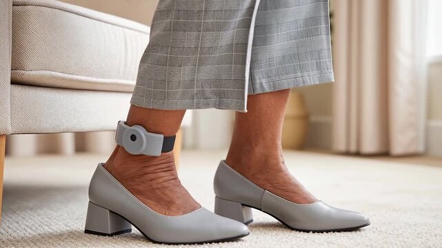 close up of a woman adjusting an electronic ankle bracelet before standing up and leaving, representing wearable technology, monitoring, and modern personal tracking