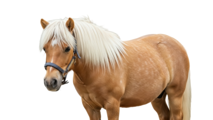 Isolated Palomino pony with a blonde mane looks towards left in studio setting for product design