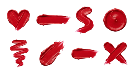 Red lipstick smudge set including heart, cross, zigzag, and circular shapes isolated. Cosmetic product texture and makeup artist swatch collection.