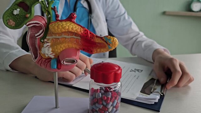 Doctor examines pancreas model and discusses medication options with patient at a medical office