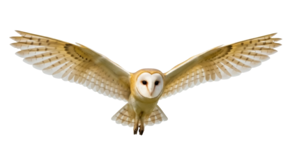 Isolated barn owl in flight, showing large wingspan, detailed feathers, and heart shaped face