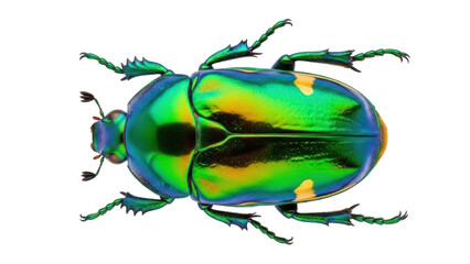 Isolated iridescent beetle with metallic color effects, exotic insect, studio shot