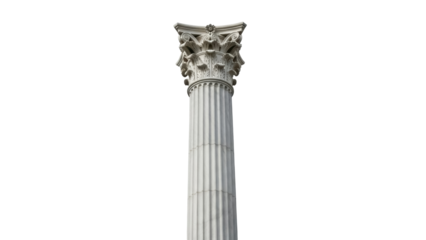 Isolated Corinthean column against a neutral backdrop showing intricate architectural detail