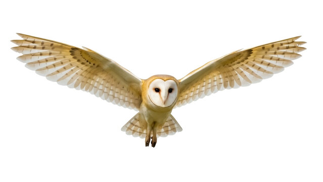 Isolated barn owl in flight, showing large wingspan, detailed feathers, and heart shaped face