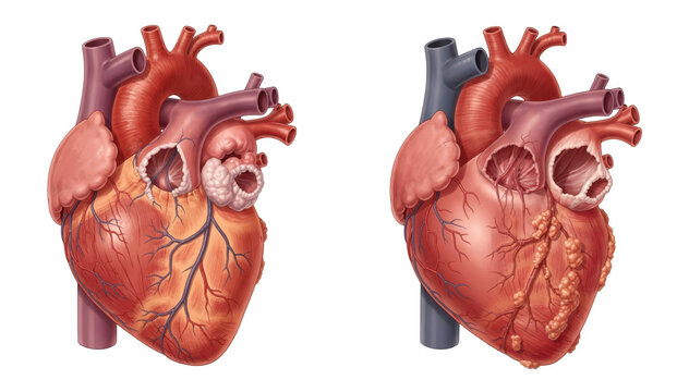 Splitscreen medical illustration showing healthy heart on left and carcinoidaffected heart valves and chambers on right highlighting structural differences on white background.
