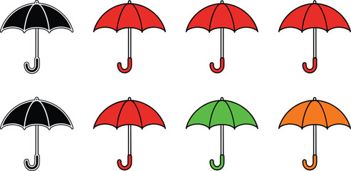 Set of eight colorful umbrella icons in black red green and orange isolated on a plain white background.