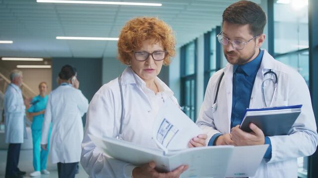 Two doctors standing in bright hospital corridor reviewing documents. Pointing at specific numbers and comparing medical data. Discussing findings and coordinating next steps for patient care.