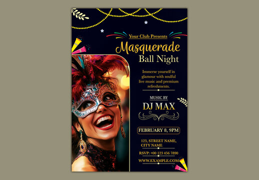 Editable Carnival Night Party Flyer Design with Event Details and Cheerful Woman in Masquerade Mask Photo on Dark Theme.