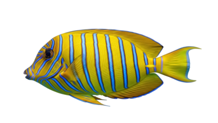 Isolated Regal Angelfish with yellow body and blue vertical stripes, underwater life