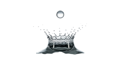 Isolated water splash and droplet with radial crown form on white, clean liquid collision