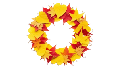 Isolated Autumn Maple Leaf Wreath, Yellow and Red Fall Foliage Decor, Seasonal Celebration