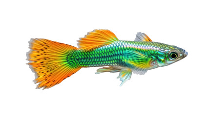 Fototapeta premium Isolated male guppy fish with vibrant tail and fins, a popular freshwater aquarium pet