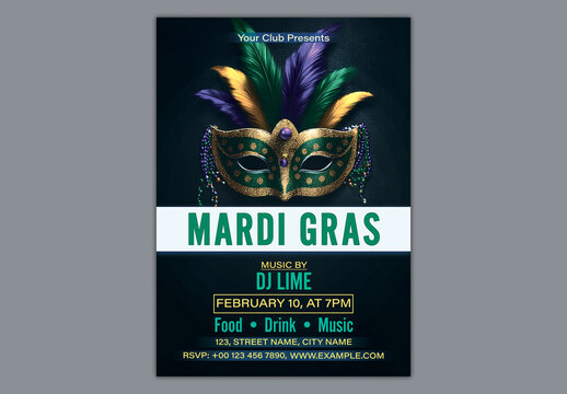 Editable Carnival Party Invitation, Mardi Gras Flyer Design with Elegant Feathered Mask and Event Details on Dark Background.