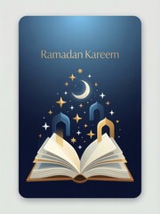 Ramadan kareem greeting with open holy book and islamic elements
