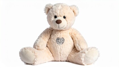 Obraz premium Plush Teddy Bear with Floral Ribbon Sitting Upright Against White Background for Childhood Nostalgia