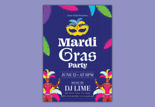 Editable Carnival Party Invitation, Mardi Gras Festival Flyer Design with Colorful Feathered Mask and Female Samba Dancers Illustration on Blue Background.