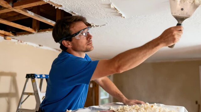 Medium shot of a worker using a scraper to remove popcorn ceiling texture revealing a smooth surface beneath in a home renovation setting.