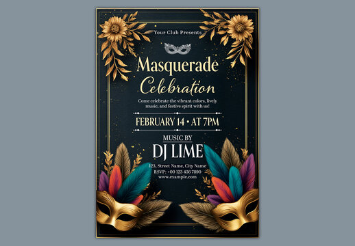 Editable Carnival Masquerade Party Celebration Flyer Design with Event Details and Colorful Feathered Masks in Golden and Black Theme.