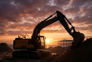 Heavy Duty Excavator at a Construction Site During a Dramatic Sunset ai generated