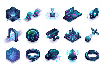 Isometric 3d icons set for real time analytics edge computing iot intelligence data stream and high speed connectivity